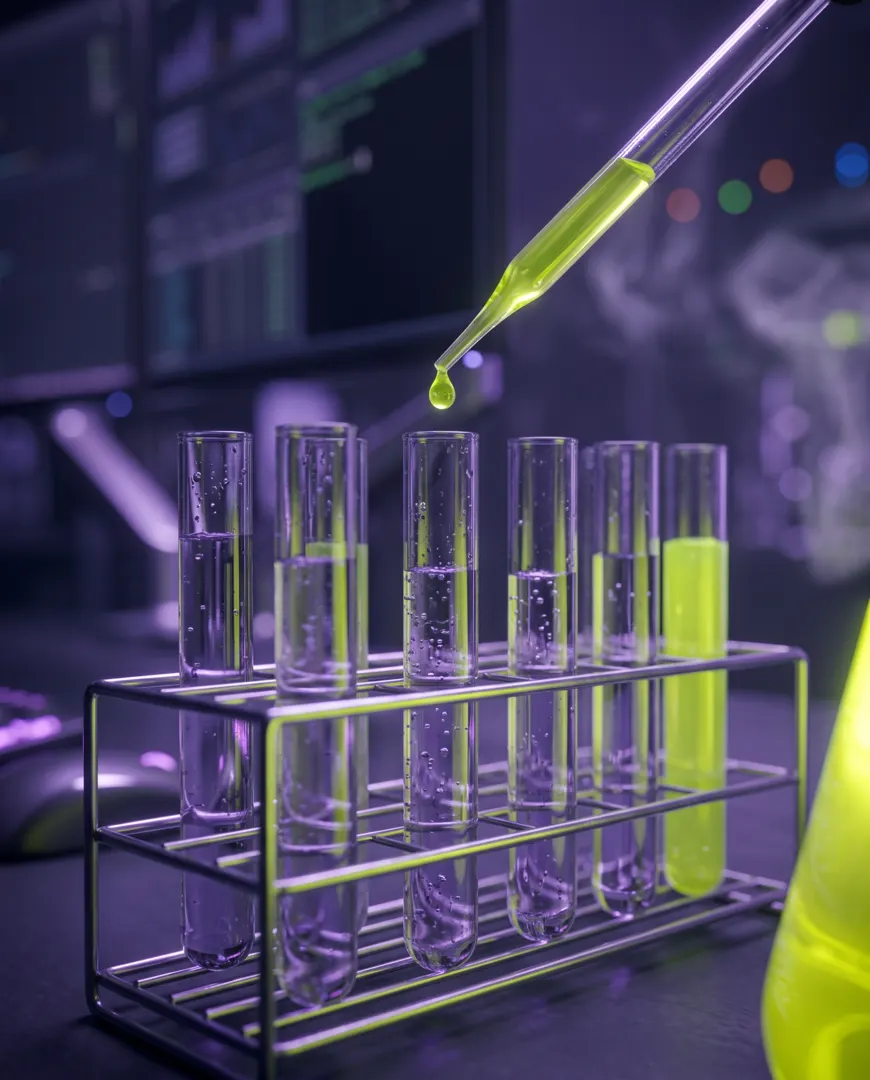 Tubos de ensaio com líquidos roxo e verde-limão numa bancada de laboratório
